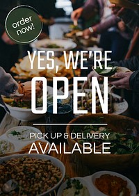 Restaurant business poster template psd with yes, we’re open text