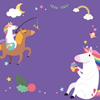 Cute unicorn frame psd on purple background for kids