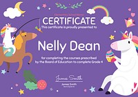 Cute colorful certificate template vector in unicorn design for kids