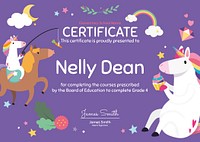 Cute colorful certificate template psd in unicorn design for kids
