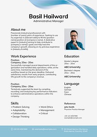 Blue abstract resume template vector with photo