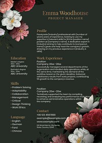 Floral resume editable template psd in green