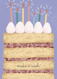 Birthday greeting card template psd with cute cake illustration