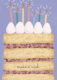 Birthday greeting card template vector with cute cake illustration