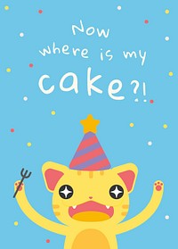 Kid&#39;s birthday greeting template psd with cute hungry cat cartoon
