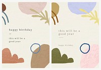 Birthday greeting card template psd with botanical memphis pattern set