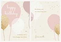 Birthday greeting card template psd in pink and gold tone set