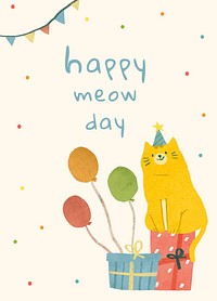 Birthday greeting template vector with cat illustration