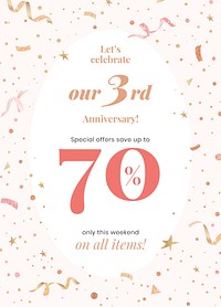 Anniversary sale template vector with 70% off for social media post