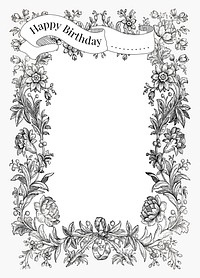 Vintage birthday greeting template vector with hand drawn flowers, remixed from public domain collection