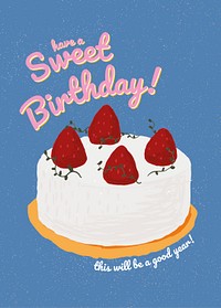 Birthday greeting card template psd with cute cake illustration