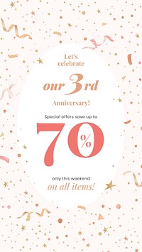Anniversary sale template vector with 70% off for social media post
