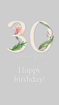 30th birthday greeting template vector with floral number illustration