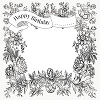 Vintage birthday greeting template psd with hand drawn flowers, remixed from public domain collection