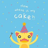 Kid&#39;s birthday greeting template vector with cute hungry cat cartoon