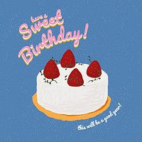 Online birthday greeting template psd with cute cake illustration