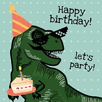 Kid&rsquo;s birthday invitation template vector with dinosaur holding a cake illustration