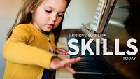 Educational banner template psd girl playing a piano background