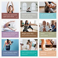 Yoga wellness marketing template psd for healthy lifestyle for social media post set