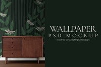 Green floral wallpaper psd mockup in retro style