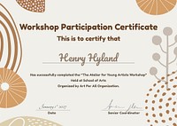 Workshop participation certificate template, creative floral design psd