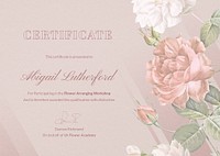 Vintage flower certificate template, pink aesthetic design for workshops psd