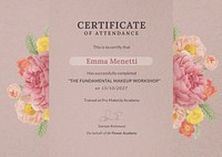 Attendance certificate template, vintage floral design for workshops psd