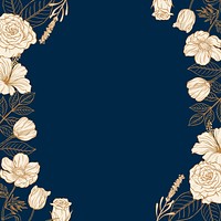 Vintage flowers frame background, navy blue design vector