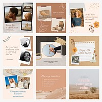 Aesthetic Instagram post template set, earth tone design vector