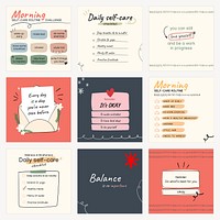 Self care Facebook post templates, healthy lifestyle design set vector