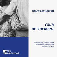 Retirement planning Instagram post template, financial consulting service, blue design vector