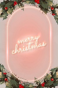 Oval pink neon frame decorated with mistletoes social template vector