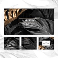 Black and gold monstera leaf patterned social media template set vector