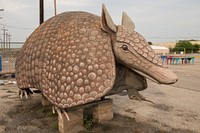An oversized armadillo, the informal mascot at Bussey&#39;s Flea Market, a gathering of merchants selling assorted wares from tables over a several-block area in Schertz, a northern suburb of San Antonio, Armadillos, which are medium-sized mammals covered in layers of leathery armor are the Official Small State Mammal of Texas.