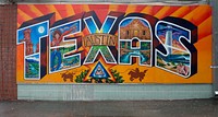 &quot;Austin, Texas&quot; mural &mdash; evoking a postcard image &mdash; on Guadalupe Street, north of the University of Texas at Austin. Original image from <a href="https://www.rawpixel.com/search/carol%20m.%20highsmith?sort=curated&amp;page=1">Carol M. Highsmith</a>&rsquo;s America, Library of Congress collection. Digitally enhanced by rawpixel.