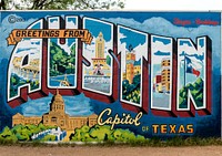 Located on the side of the Roadhouse Relics building on 1st Street in the South Austin neighborhood of the state capital, this vintage-looking &quot;Greetings From Austin&quot; postcard mural, originally painted in 1998, is a favorite tourist &quot;photo opp.&quot; Original image from <a href="https://www.rawpixel.com/search/carol%20m.%20highsmith?sort=curated&amp;page=1">Carol M. Highsmith</a>&rsquo;s America, Library of Congress collection.