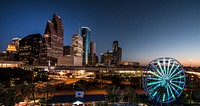 Dusk shot of Houston, taken from the Downtown Aquarium. The spinning wheel at the right is the aquarium&#39;s Ferris wheel. Original image from <a href="https://www.rawpixel.com/search/carol%20m.%20highsmith?sort=curated&amp;page=1">Carol M. Highsmith</a>&rsquo;s America, Library of Congress collection. Digitally enhanced by rawpixel.