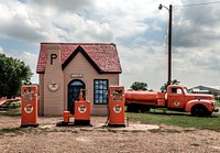 The original, greatly refurbished, Phillips 66 gasoline station in little McLean, a town along historic U.S. Route 66 in the Texas Panhandle. Original image from <a href="https://www.rawpixel.com/search/carol%20m.%20highsmith?sort=curated&amp;page=1">Carol M. Highsmith</a>&rsquo;s America, Library of Congress collection. Digitally enhanced by rawpixel.
