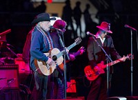 Country singer-songwriting legend Willie Nelson, age 80 at the time of this photograph, performs with his band, &quot;Family,&quot; at Rodeo Austin, the city&#39;s annual stock show and rodeo.