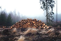 Side view of tree trunks in a misty clearing. Original public domain image from Wikimedia Commons