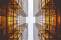 An impressive low-angle shot of two modern glass facades reflecting orange light. Original public domain image from <a href="https://commons.wikimedia.org/wiki/File:Orange_reflective_architecture_(Unsplash).jpg" target="_blank" rel="noopener noreferrer nofollow">Wikimedia Commons</a>