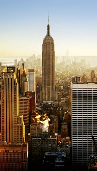 View of the Empire State Building between skyscrapers in the New York City skyline. Original public domain image from Wikimedia Commons