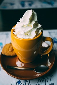 Hot chocolate topped with whipped cream. Original public domain image from Wikimedia Commons