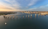 An aerial view of the San Diego-Coronado Bridge. The bridge connects the California cities of Coronado and San Diego over the San Diego Bay.. Original public domain image from Wikimedia Commons