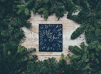 Green Christmas decor with New Year greeting. Original public domain image from <a href="https://commons.wikimedia.org/wiki/File:Annie_Spratt_2016-12-21_(Unsplash).jpg" target="_blank">Wikimedia Commons</a>