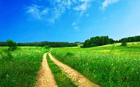 Country dirt road with beautiful scenic grassy landscape and clear blue sky in Spring. Original public domain image from Wikimedia Commons