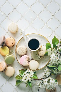Coffee, macaroons, dessert aesthetic. Original public domain image from <a href="https://commons.wikimedia.org/wiki/File:When_You_Buy_All_the_Macarons_(Unsplash).jpg" target="_blank">Wikimedia Commons</a>