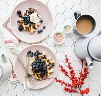 Waffles with blueberry and coffee for breakfast. Original public domain image from Wikimedia Commons