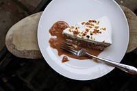 Caramel cake with a silver fork. Original public domain image from <a href="https://commons.wikimedia.org/wiki/File:London,_United_Kingdom_(Unsplash_7JYVKRo7i5Q).jpg" target="_blank">Wikimedia Commons</a>