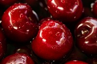 Water droplets on freshly washed red cherries. Original public domain image from Wikimedia Commons